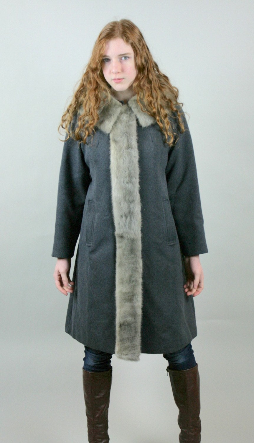 Vintage Swing Coat Australian Worsted Wool Mink Fur Collar Front Trim Slate Gray AMAZING - vetabartholomew