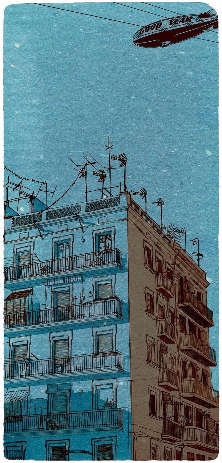 Print from original drawing, blue sky over blue house, 5.5x11.5
