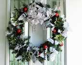 25% OFF SALE Christmas/winter Evergreen wreath with silver holly leaves red and Lime green berries .