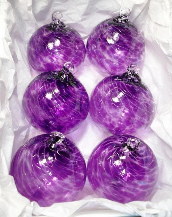 set of 6 HAND BLOWN AMETHYST purple glass ornaments