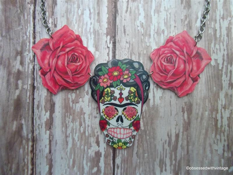 Frida Kahlo necklace day of dead skull sugar skull and rose charms
