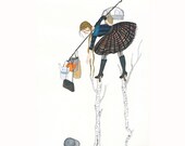 Birch tree Stilts, Print of Original Gouache Painting/ illustration/ drawing