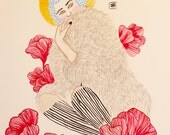 Fur and Poppies, print of original painting/ drawing/ illustration. Girl in a vintage fur coat