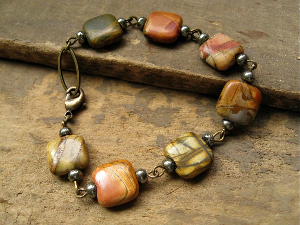 Picasso Jasper Bracelet, jasper and pyrite beads on antiqued brass wire, rustic