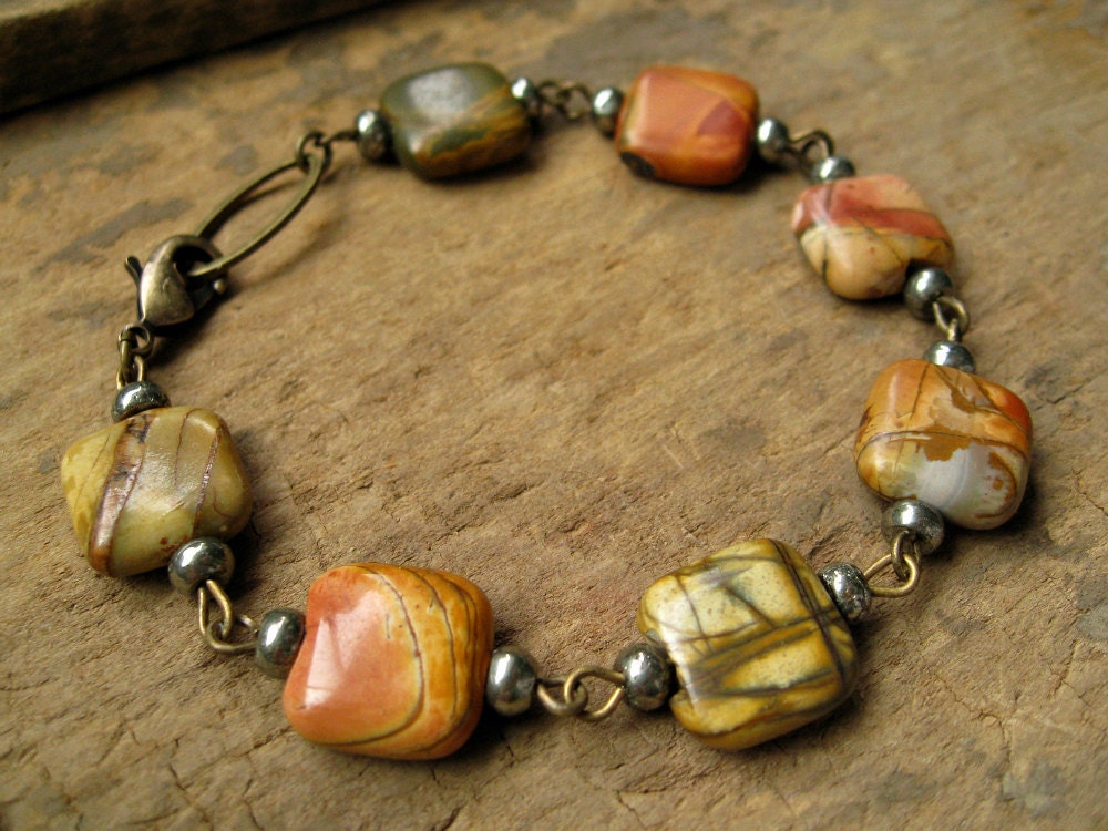 Picasso Jasper Bracelet, jasper and pyrite beads on antiqued brass wire, rustic