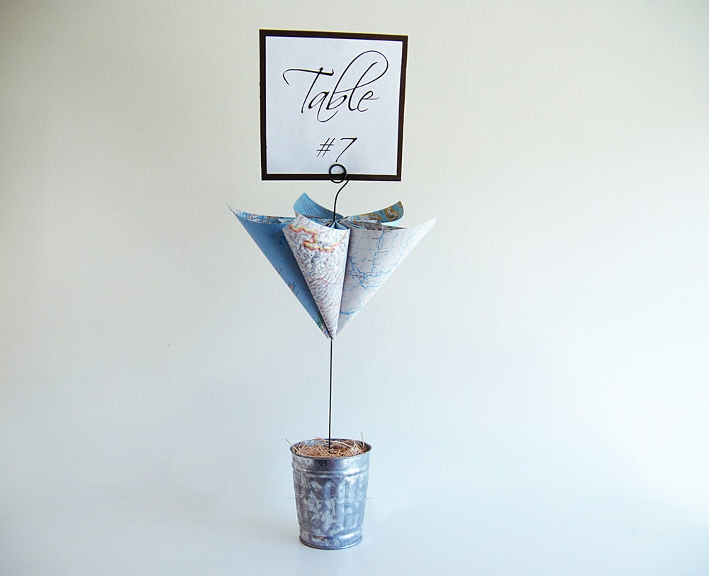 Large Upcycled Map Flower - Place Card / Table Number Holder - Wedding Party Event