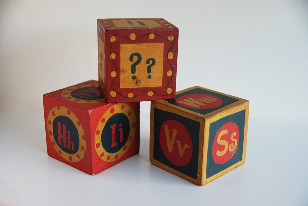 Set of 3 Vintage Wooden Painted Alphabet Blocks - Made in India