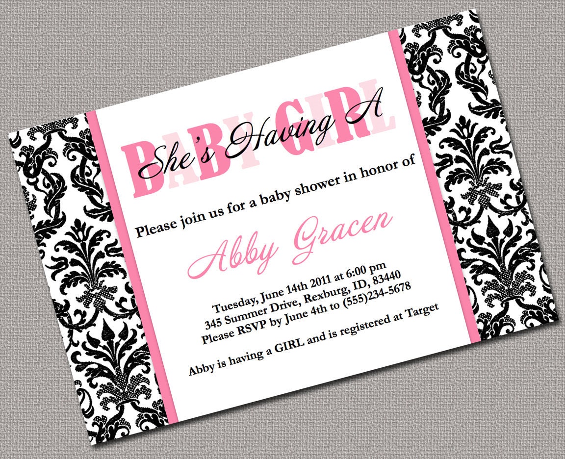 Damask Baby Girl Shower Invitations, Black and Pink Baby Shower Invite, Printable Digital File, Printable Digital file - Design 704