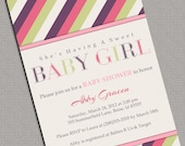 Modern Stripe Girl baby shower invitation, Purple, Pink and Green striped baby shower invite - printable, digital file - Design 775