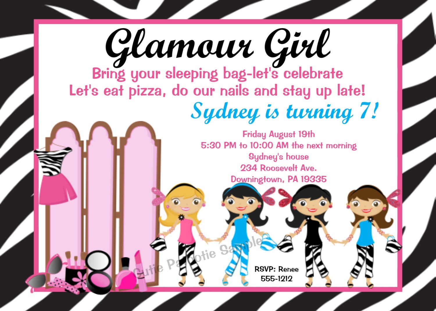 Glamour Girl Birthday Invitation Glamour Girl Invitations Printable or Printed