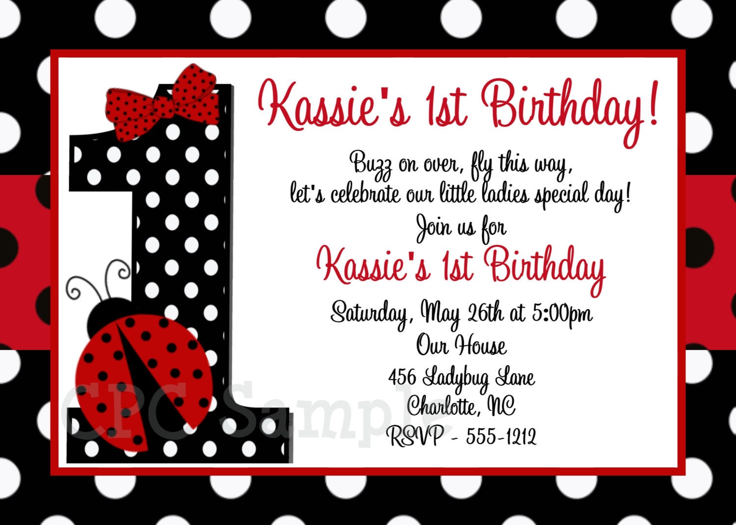 Ladybug 1st Birthday Invitation, Ladybug Birthday Party Invitation, ANY NUMBER AVAILABLE, Printable or Printed