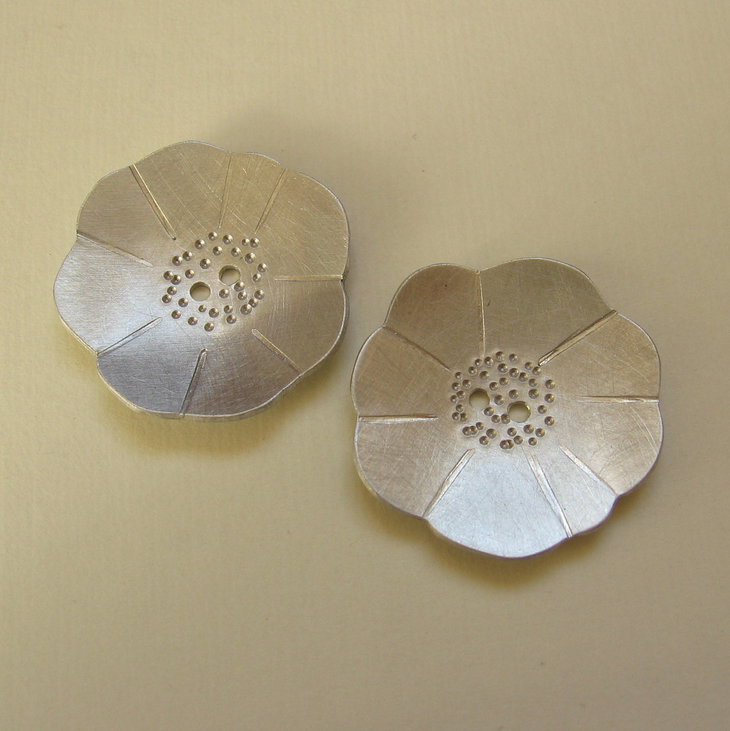 Poppy Button Set Art Deco silver tone metal 2 flowers 1 inch handmade