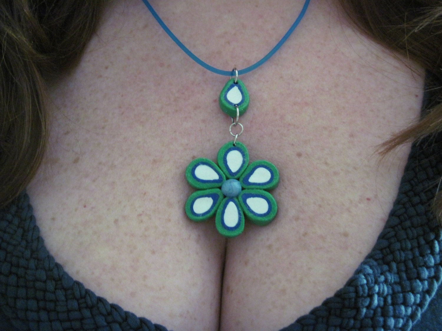 Green, White and Blue Flower Drop Necklace and Earring Set