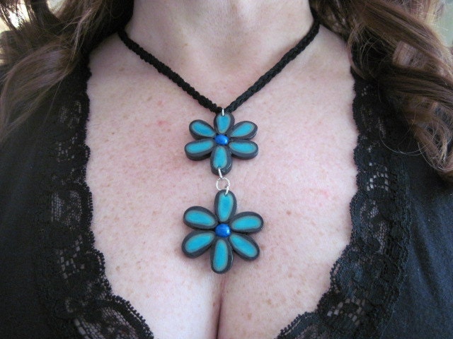 Black, Translucent Blue and Translucent White 2 Flower Drop Necklace & Earring Set