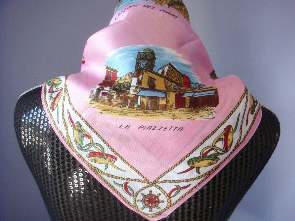 Vintage Pink Scarf Souvenir from the Isle of Capri Free Shipping