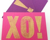 XO ... magenta letterpress valentine card ... metallic gold