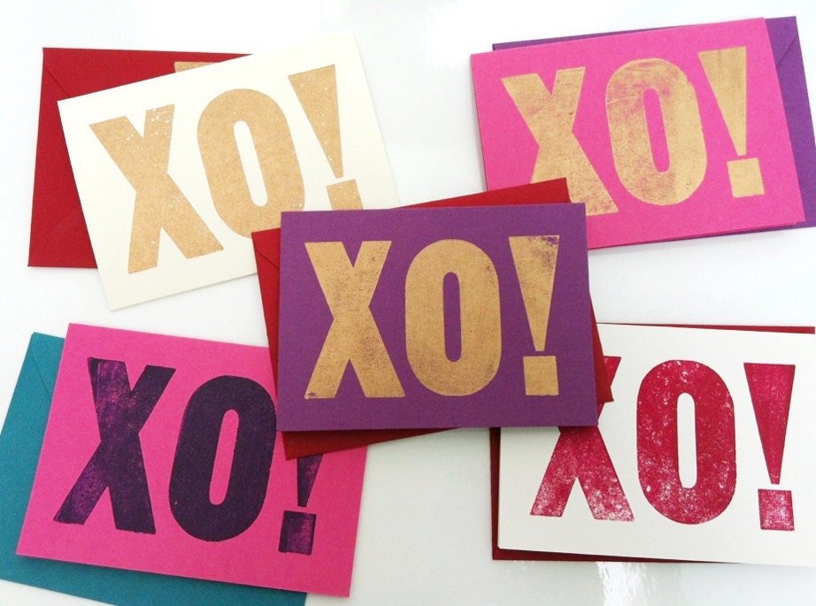 XO...set of 5 different xo letterpress note cards
