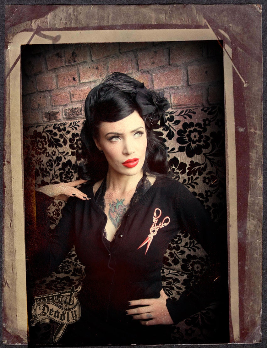Embroidered Antique Scissor Cardigan- Black