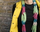 SALE- ecofriendly scarf made from upcycled tshirts- teal green beige and pink