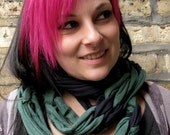 extra long upcycled tshirt scarf- forest green and black