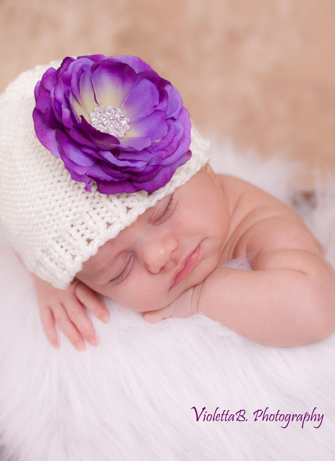 baby hat, newborn hat, take home baby hat, Ivory newborn crocheted flower hat, purple flower, photography prop