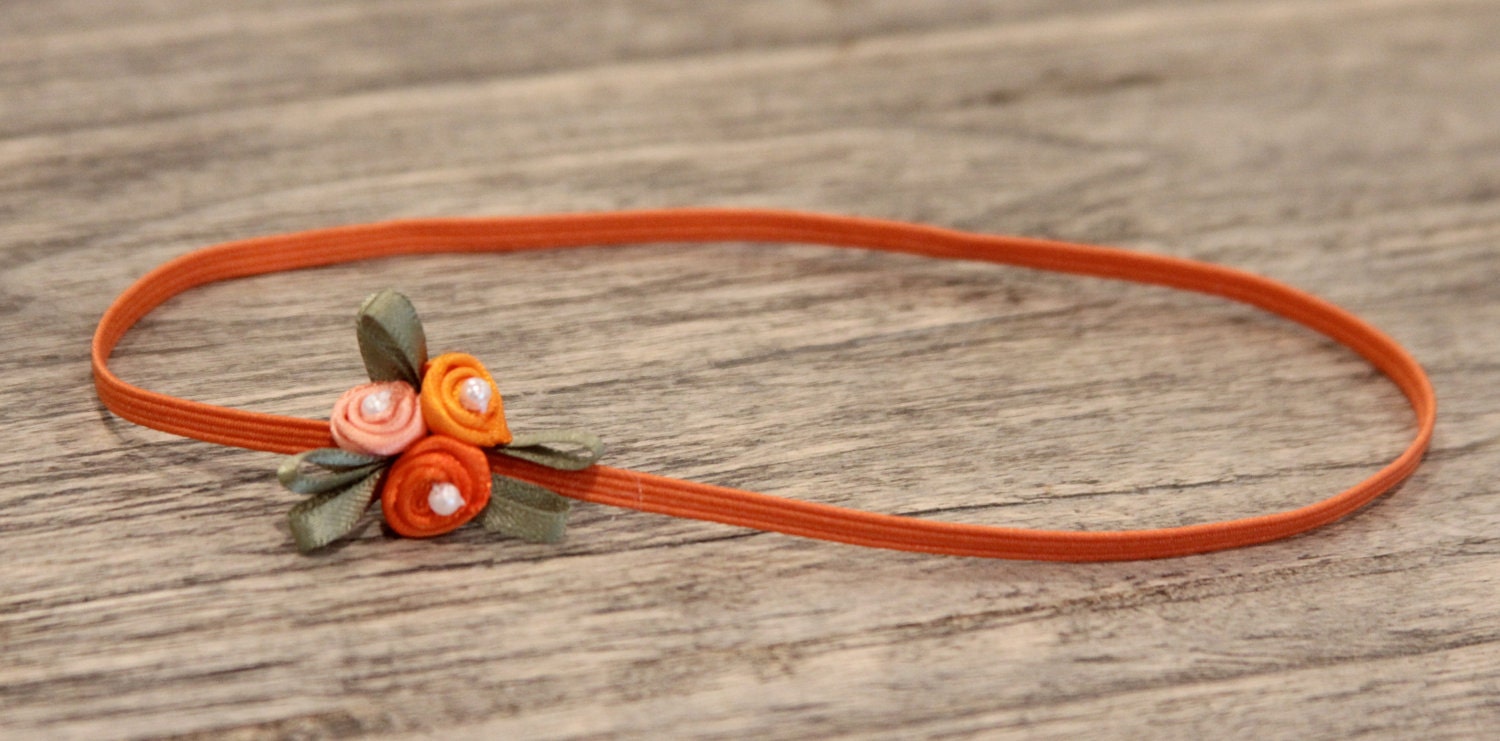 Tiny Petite Vintage Orange Flower on Skinny Thin  Elastic Headband, Photography Props, Flower Girls, Newborn Headbands