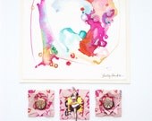 Watercolor, Mixed Media, Unique Art, Fun and Colorful, Original Abstract, Collage, Origami, Vintage Buttons, Laser Cut, Pink, Lavender
