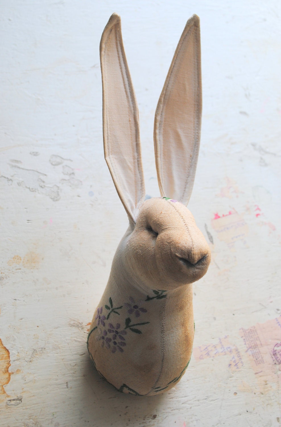 Soft Sculpture.Textile Taxidermy. Hare head with vintage embroidery.