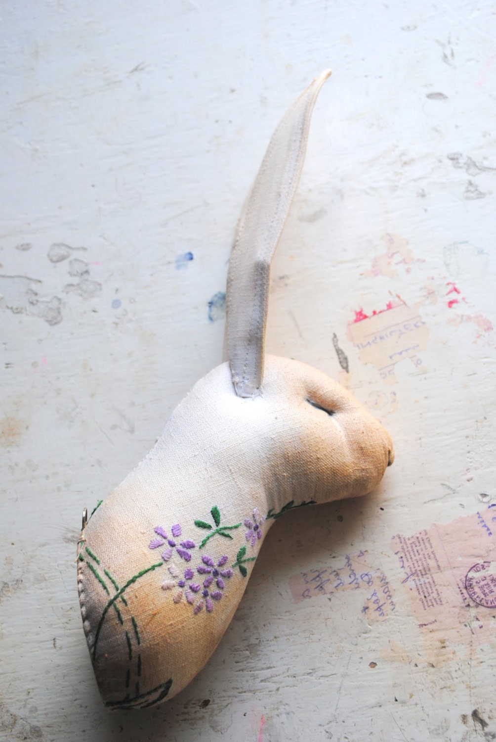 Soft Sculpture.Textile Taxidermy. Hare head with vintage embroidery.