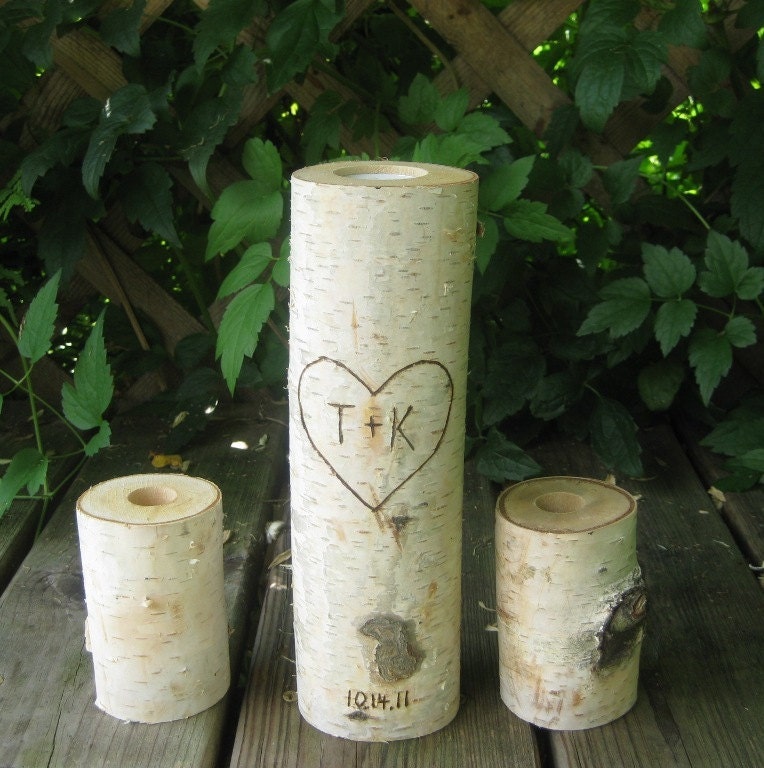 LARGE  Birch Bark Unity Candle Personalized 10" Tall with Two 4" Tall Birch Candle Holders Rustic Wedding