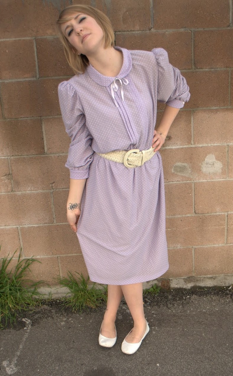 vintage secretary dress, 70's / 80's lilac tiny polka dot librarian dress SALE