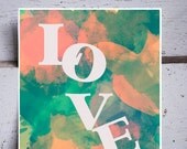 LOVE Art Print, Pink Clouds text words quote watercolor effect, 11 x 14 whimsical colorful illustration digital