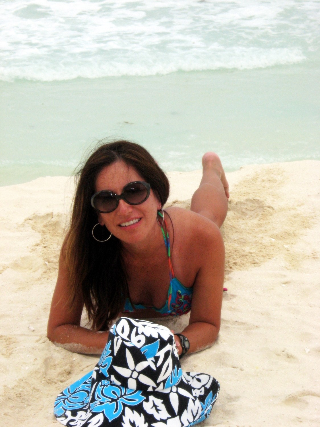 Wide Brim Sun Hat in Hawaiian Print Turquoise, Black, and White Summer Hat by Freckles California sizes: small, medium, or large available