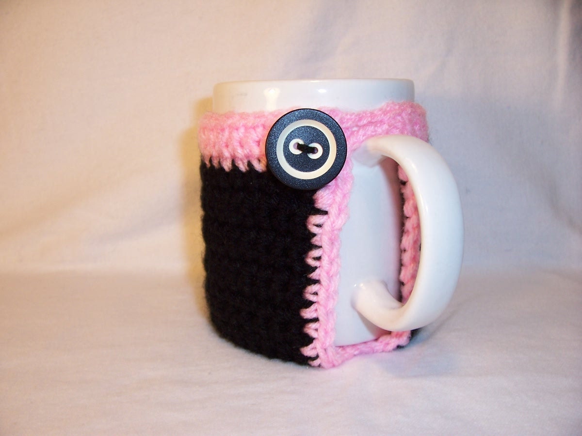 CLEARANCE - Handmade Crocheted Coffee/Tea Mug Cup Cozy in Black with Pink Trim - Ready To Ship