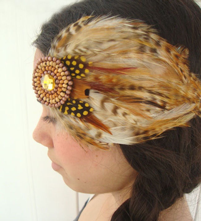 Large Tribal Feather Beaded Bohemian Headband - gypsy, hippie, warrior, black, rust, brown - neesiedesigns