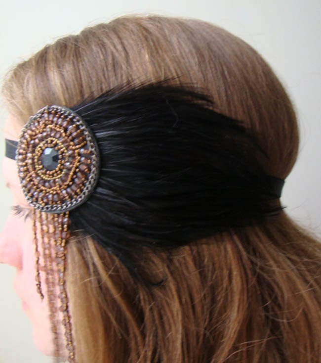 Black Raven Bohemian Feather Beaded Headband