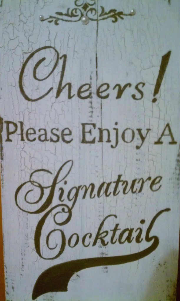 SIGNATURE COCKTAIL Sign VERTICAL Self Standing  Wedding Sign Shabby Chic in Your Wording with Pearl Embellishments
