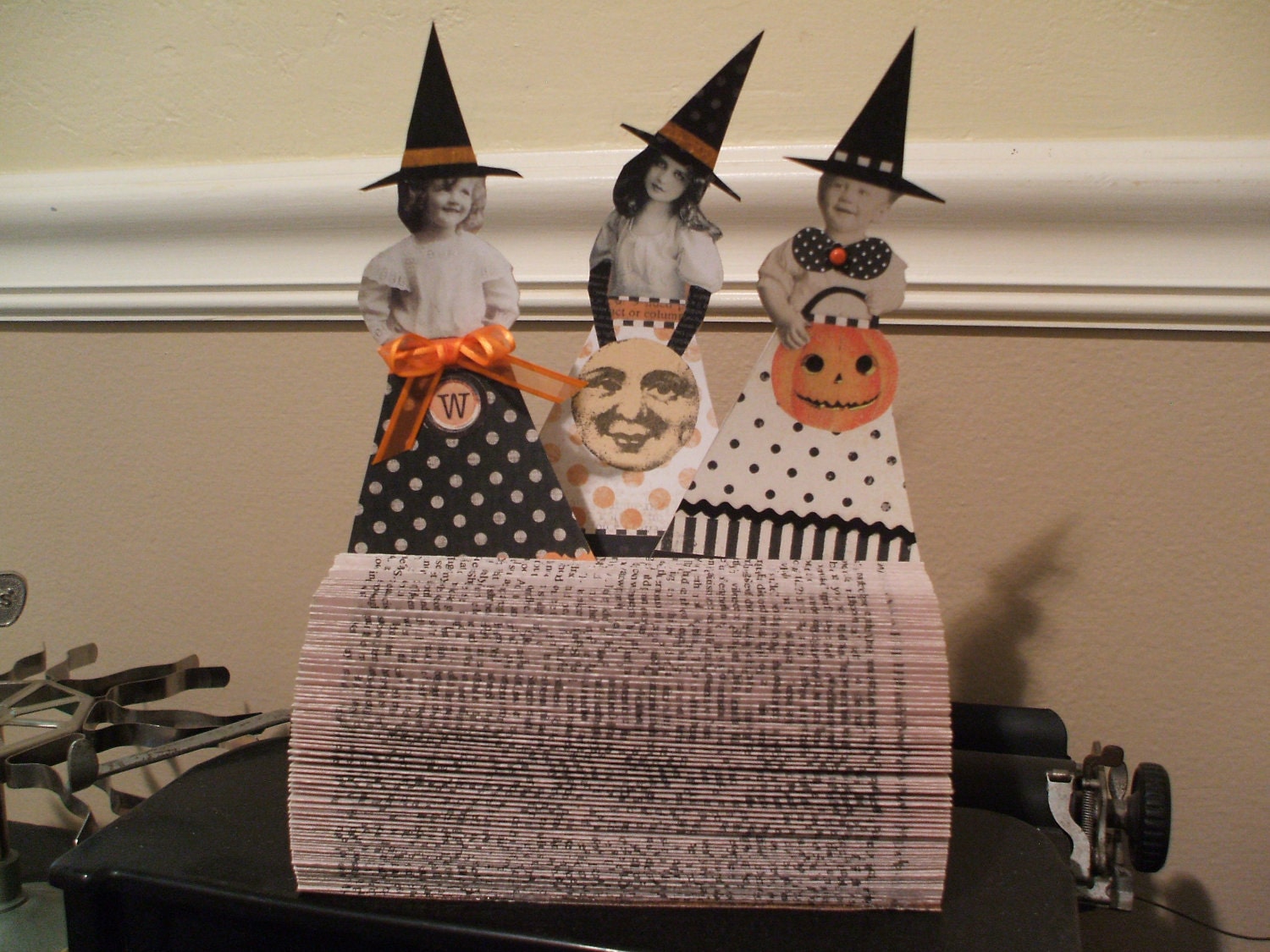 3 HALLOWEEN Whimsical Witches in a Folded Book Display Altered Art Paper Dolls Mixed Media