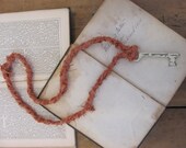 Vintage Skeleton Key with Braided Fabric Necklace. XL. Coral. Cream.