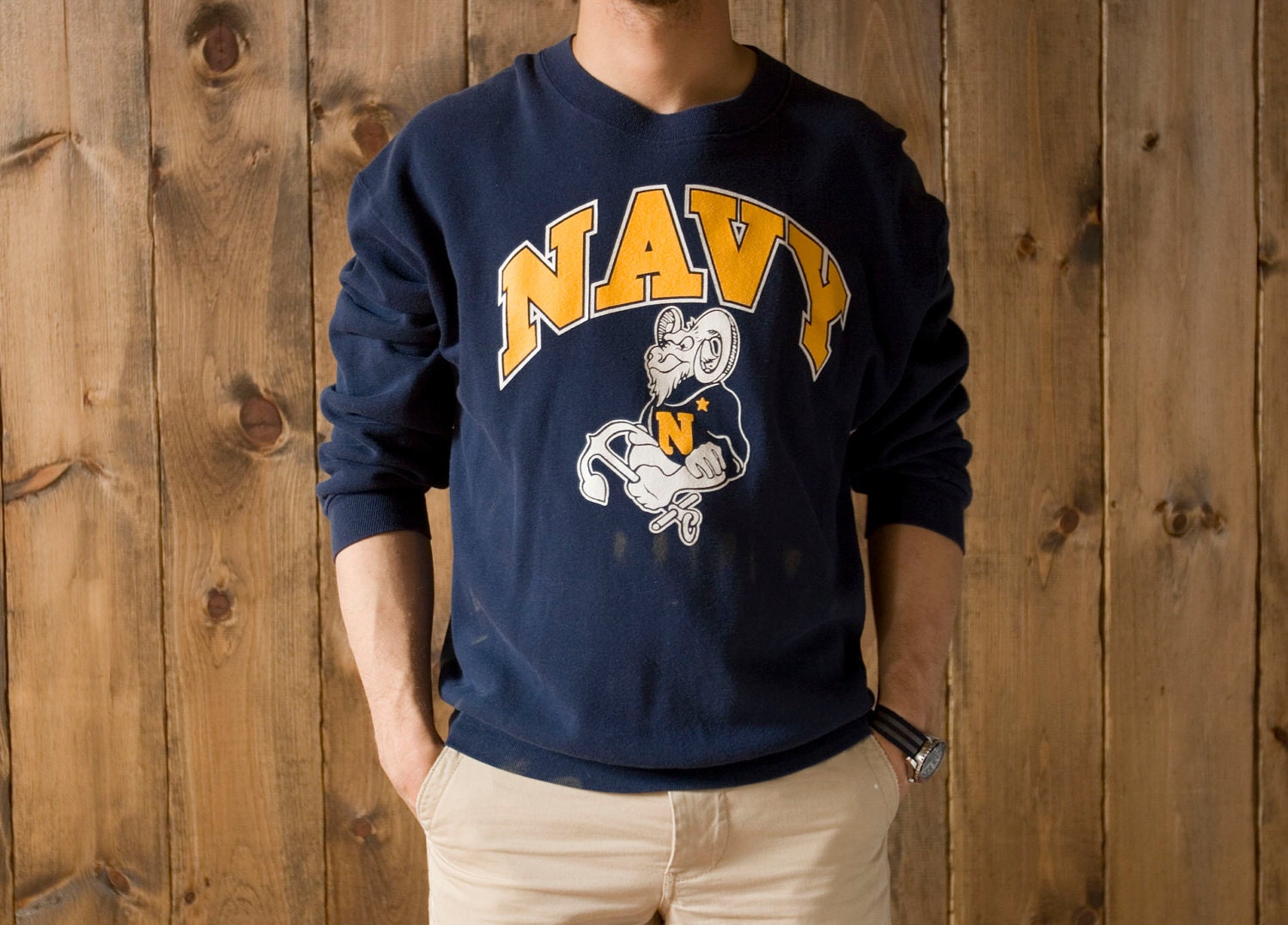 Vintage Navy Midshipmen Bill the Goat Crewneck Sweatshirt in Navy Blue