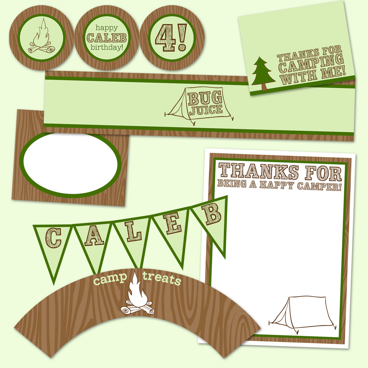 Camping Party Printable JPEG (Cupcake Topper and Wrapper, Water Bottle Labels, Thank You Notes, Treat Bags, Banner)