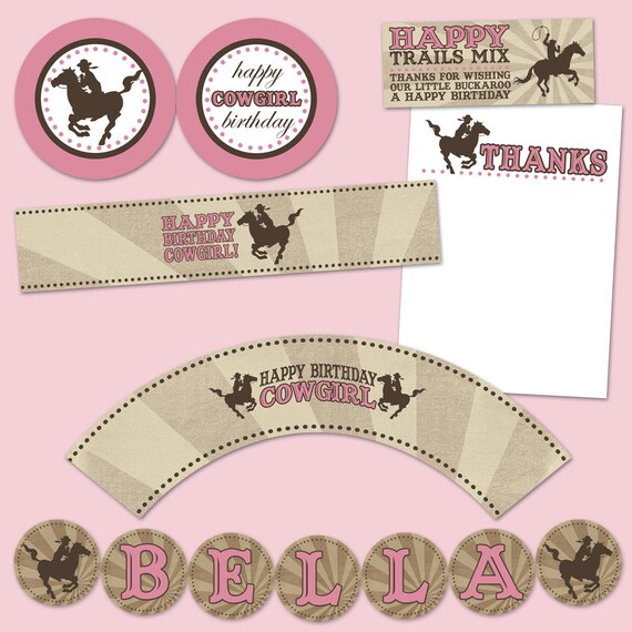 Cowgirl Party Printable JPEG (Cupcake Topper and Wrapper, Water Bottle Labels, Thank You Notes, Treat Bags, Banner) Il_570xn