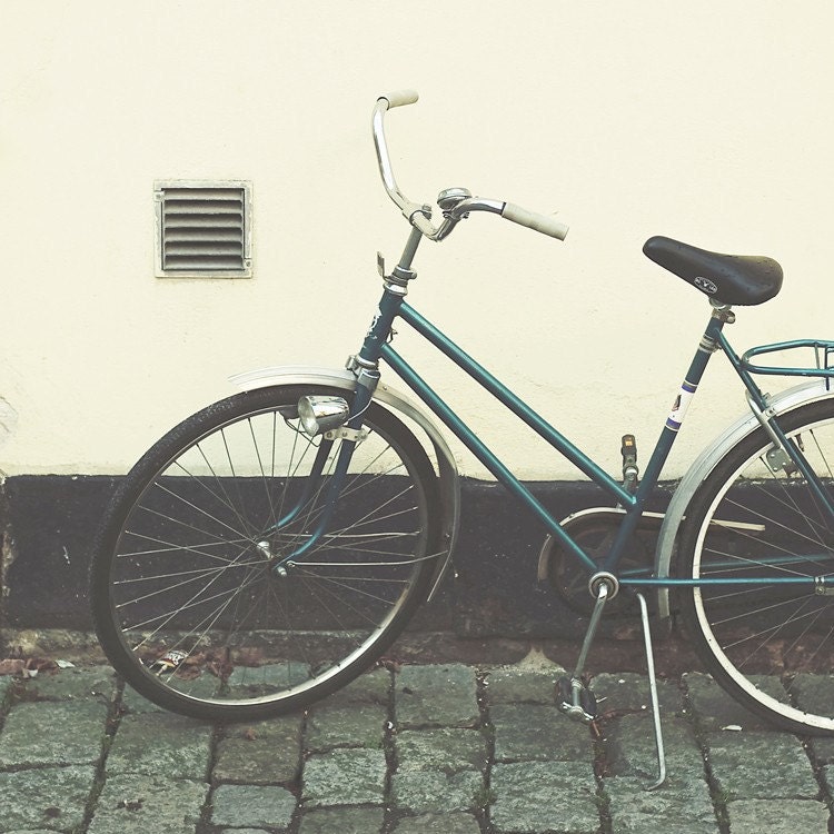 Travel photography blue bicycle - 8 x 8 original fine art photography print - vintage autumn home decor blue white Stockholm
