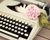 Vintage typewriter photograph - 5x7 romantic pink and blue fine art photography print holiday summer rose