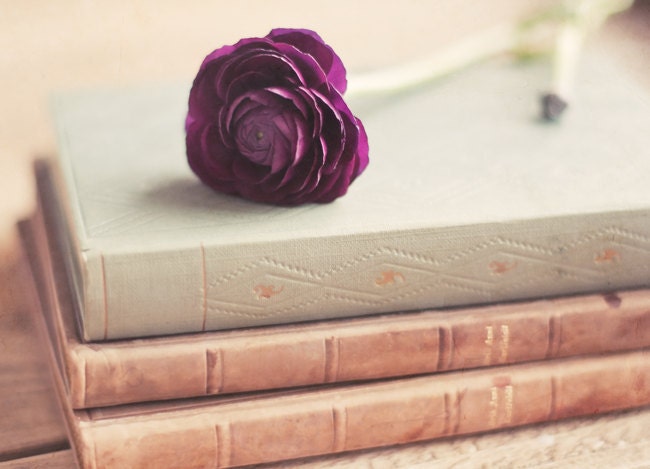 Vintage books photograph - romantic photography print -  pastel photo dreamy romantic valentines day purple green shabby chic home decor