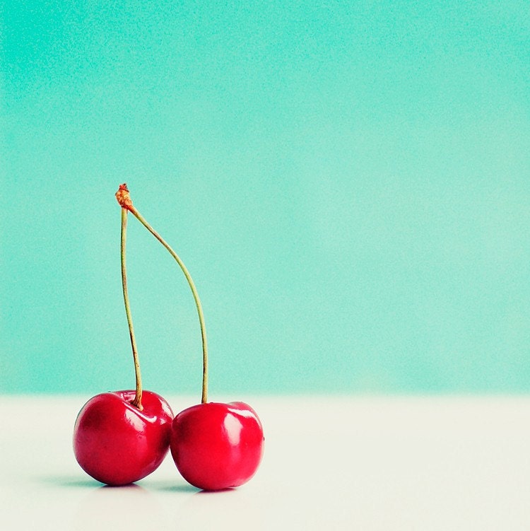 Cherry photo - Two is better than one - 5 x 5 fine art photography print - vibrant, red, aqua, cherries, home decoration