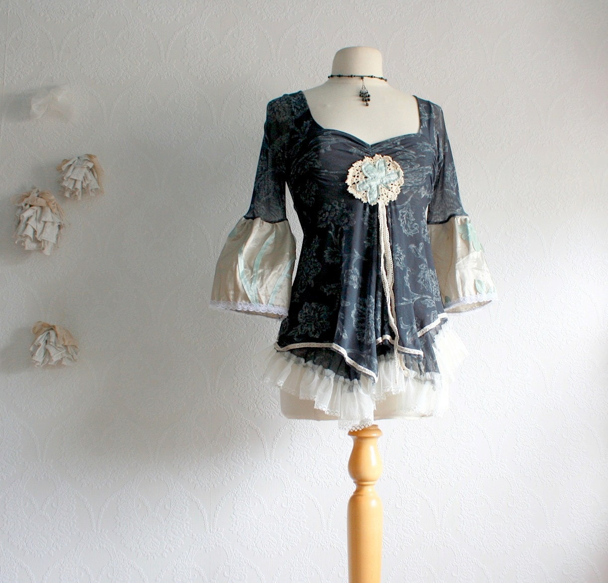 Women's Babydoll Top Bell Sleeves Victorian Teal Cream Lace Shirt Shabby Chic Upcycled Clothing Small 'RACHEL'