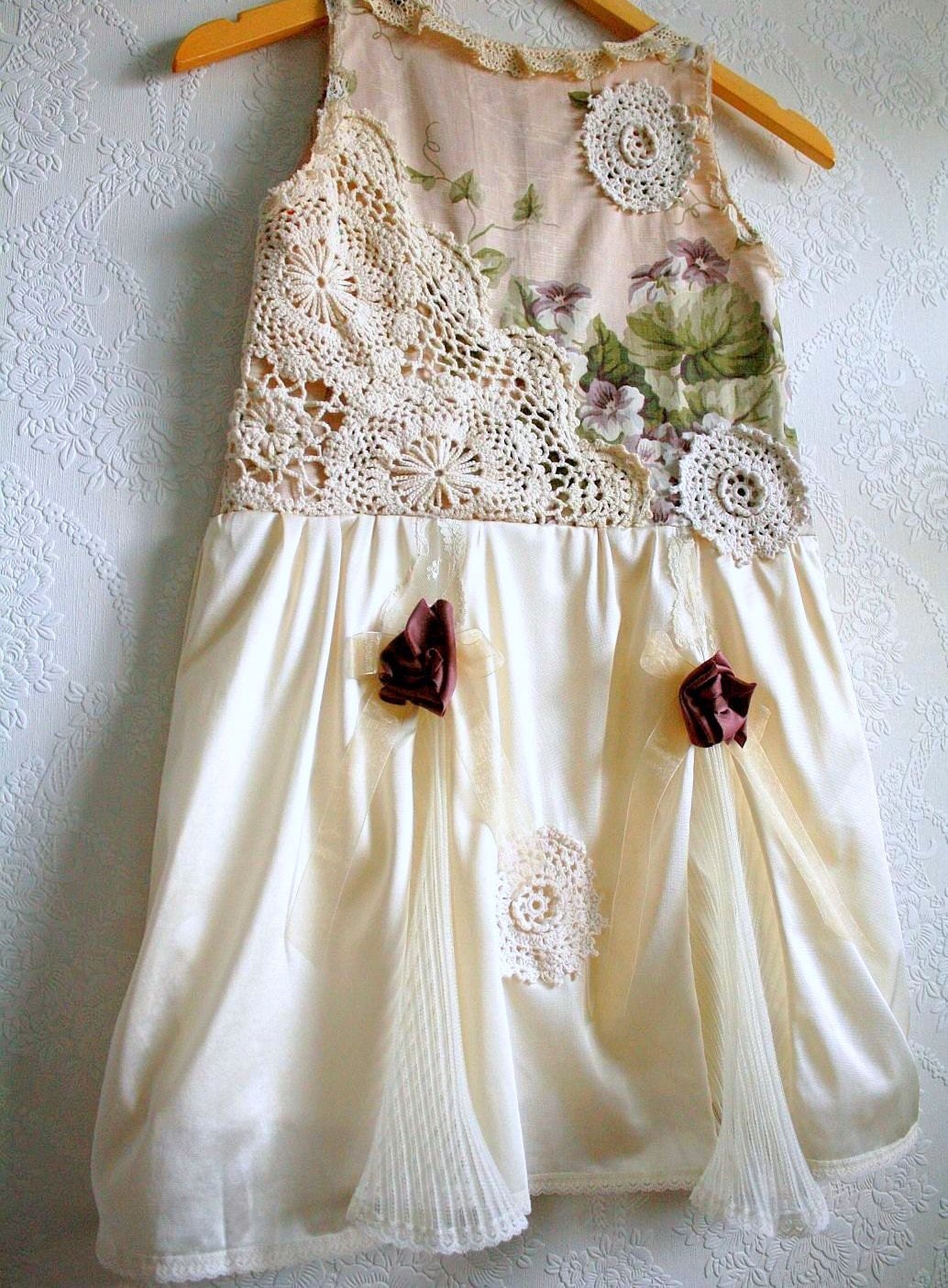 Shabby Chic Slip Dress Girl's 7 8 Peach Cream Lace Floral Country Doilies 'PHOEBE'