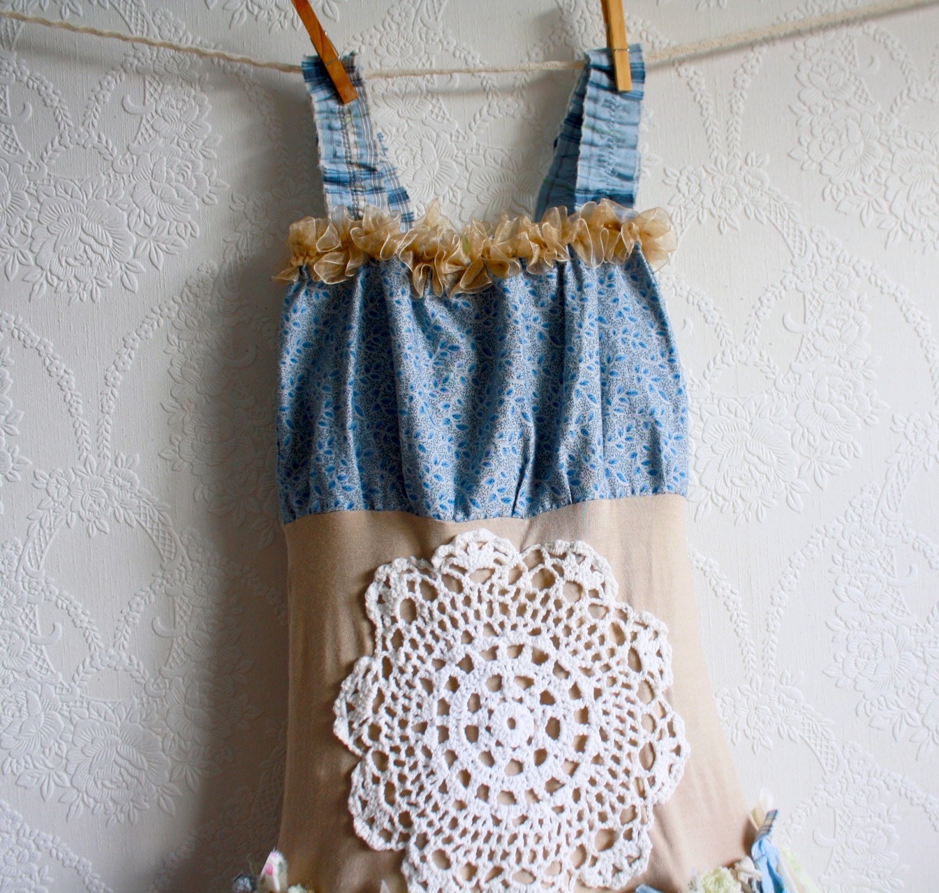 Children's Clothing Shabby Chic Dress 6 7 Blue Upcycled Fairy Clothes Tattered Lace Eco Friendly 'EMILIE'