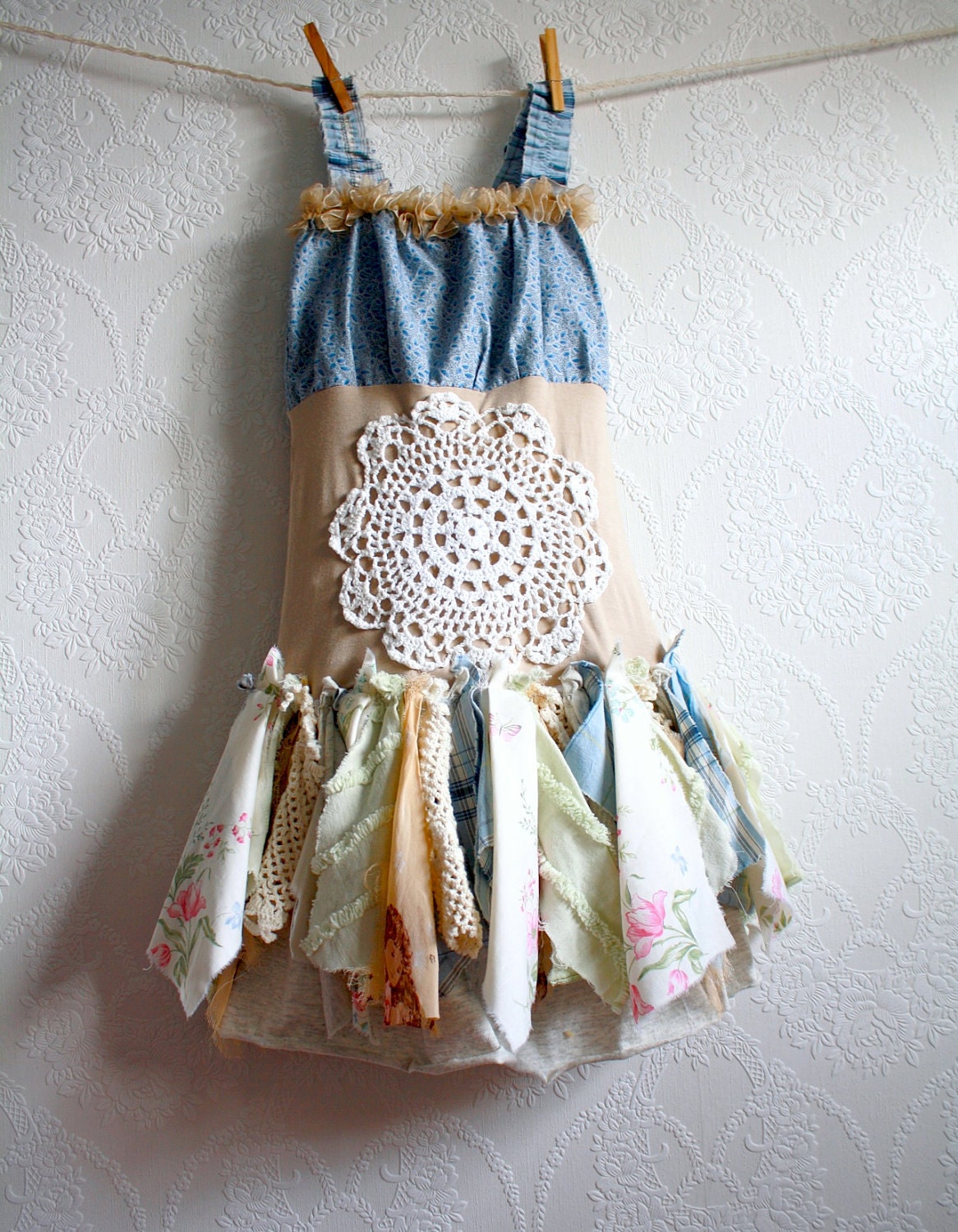 Children's Clothing Shabby Chic Dress 6 7 Blue Upcycled Fairy Clothes Tattered Lace Eco Friendly 'EMILIE'